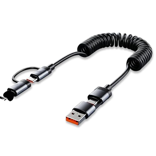 JRILUO Câble de Charge 4 in 1 Pour Voiture, Câble USB C Rétractable Avec Adaptateur iOS et Micro USB, 1,5m Câble Multifonction Pour Smartphone et Tablette,...