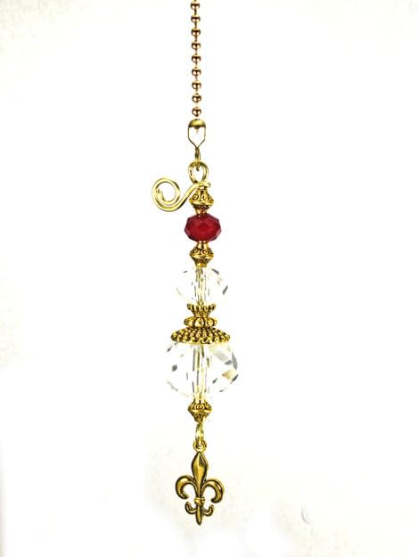 Image of Brass Fleur de Lis and Burgundy Faceted Glass Fan Pull /Light Pull