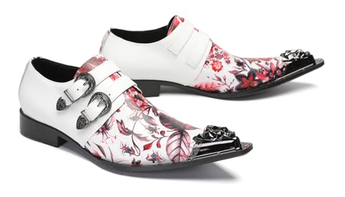 Santimon Mens Genuine Leather Loafers Casual Dress Slip On Shoes - Fashion Metal Pointed Toe Monk Loafer Western Mocasines for Party Disco Ballroom Prom Wedding4