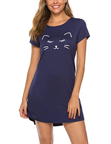 Eishopeer Sleep Shirts For Women Cat Print Night Shirts Cotton Nightgowns Ladies Sleepwear Nightwear Dark Blue #TOP1
