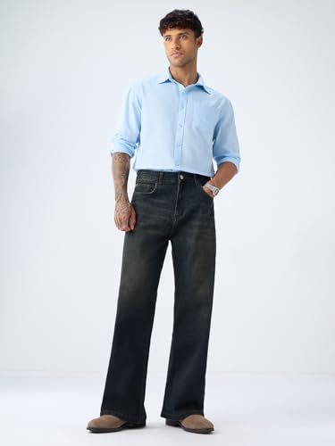 Image of The Souled Store Raw Static Men and Boys Zippered Dark Blue Washed Stretch Cotton Blend Bootcut Fit Stretchable Lightweight Everyday All-Season Durable Comfortable Bootcut Denim Jeans