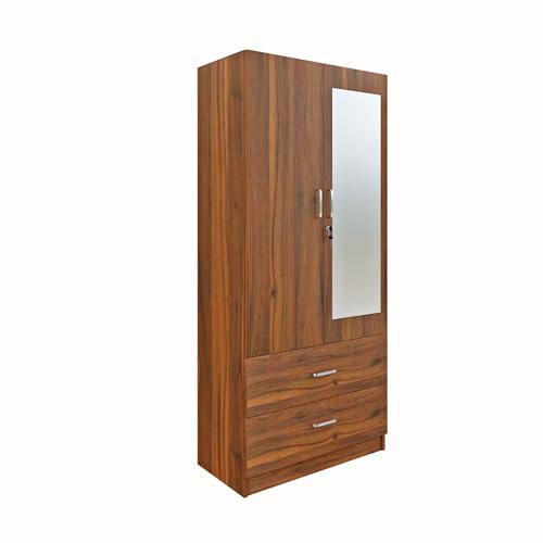 Image of VIKI Wardrobe | Albarracin Wardrobe | Wooden Almirah for 2 Door Wardrobe with 2 Drawer & Hanging Space with Mirror (Brussel Walnut - 40D x 80W x 180.8H) | 1 Year Warranty | Free Assembly
