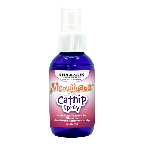 Meowijuana Catnip & Silvervine Spray - 85 g, formula completamente naturale per proprietari di animali domestici e famiglie multi-gatto, migliora il tempo di gioco e il relax, perfetto per i nuovi