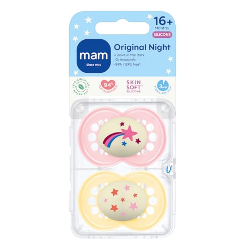 MAM Original Night Soothers | 18-36 Months | 2 Pack | Glow in The Dark Dummies | Comes in Dummy Steriliser Case | Sustainable Materials | Baby Accessories | Pink (Various Designs) - Image 3