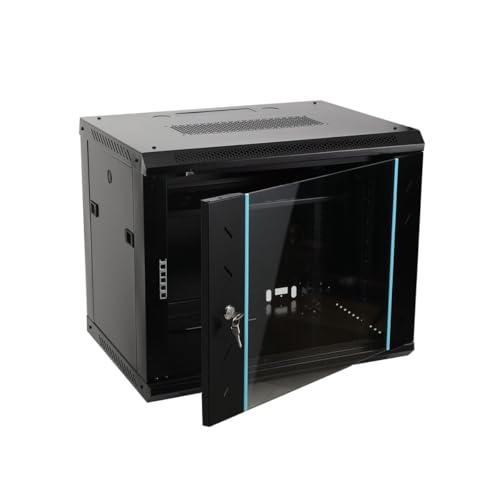 9U armadio rack del server di montaggio a parete con porta di vetro bloccabile, contenitore di stoccaggio della rete in acciaio per l'attrezzatura IT dell'ufficio domestico, ruote e progettazione di v