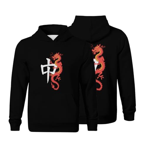 Kids Retro Vintage Red Dragon Mahjong Boys Girls Lightweight Kangaroo Pocket Fleece Hoodies