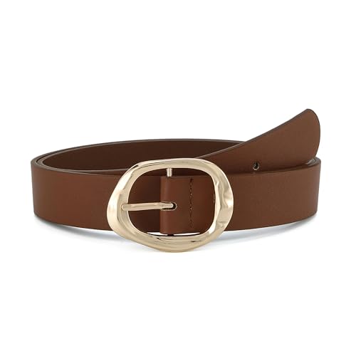 Earnda Brown Leather Belts for Women Casual Fashion Waist Belt with Liquid Shapes Gold Buckle for...