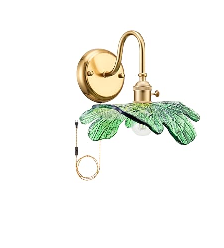 Image of Green Sconce Plug in Wall Sconces Vintage Wall Lamp with Green Glass Shade - Plug in or Hardwired Brass Finish Light Fixture for Bedroom, Living Room, Bathroom Lighting
