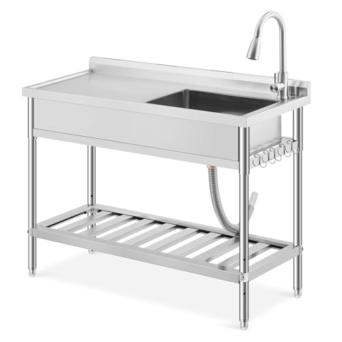 Image of Garvee 47 Inch Commercial Utility Sink with Faucet, Freestanding Stainless Steel Sink with Workbench & Storage for Kitchen, Laundry, Garage, Outdoor