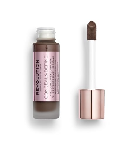 Revolution, Conceal & Define Foundation, Full Coverage, Long-Lasting Matte Finish, Vegan & Cruelty-Free, F18 Dark Skin Tones, 0.8 fl oz