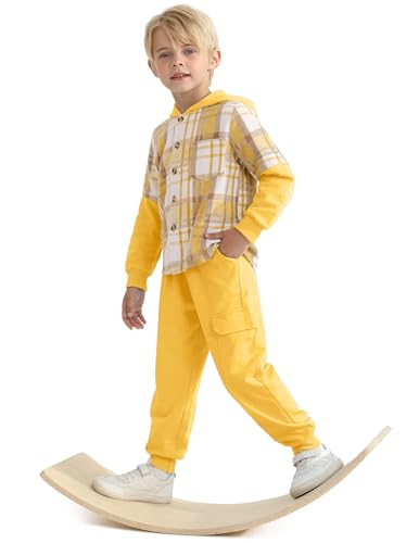 Image of 2Pcs Boys Clothes Sweatsuit Set Hoodie Flannel Plaid Shirt and Jogger Pants for Kids Fall Winter Spring Outfits