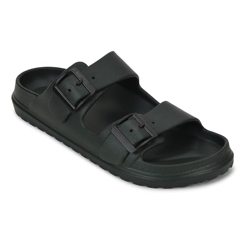 Image of Liberty A-HA COMMIT Slippers for Men - Black, Light Grey & Olive Green | Casual Slip-on Flats /Slippers Footwear - Buckle Closure | Casual Outdoor Chappal, Monsoon, Rainy Season Footwear for Man