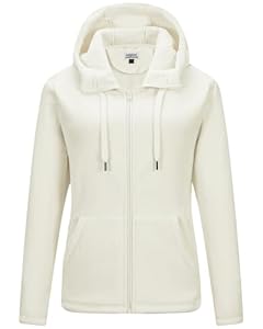 Outdoor Ventures Damen Fleecejacke mit Kapuze Frauen Fleecemantel Warme Sweatjacke mit 6 Taschen Hoodie Damenjacke mit Durchgehendem Reißverschluss für Laufen, Wandern und Freizeit Wollweiß M