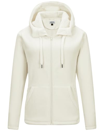 Image of Outdoor Ventures Womens Fleece Jackets with Hood Ladies Warm Full Zip Coat With 6 Large Pockets Long Sleeve Casual Sweater Soft Outerwear Jacket for Hiking Walking Travelling Sport Moon White L