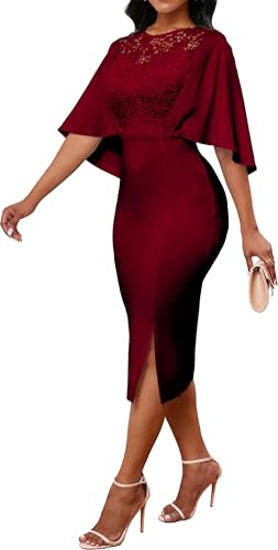 Image of Lace Dresses for Women Wedding Guest Elegant Long Sleeve Cocktail Business Knee Length Pencil Dress