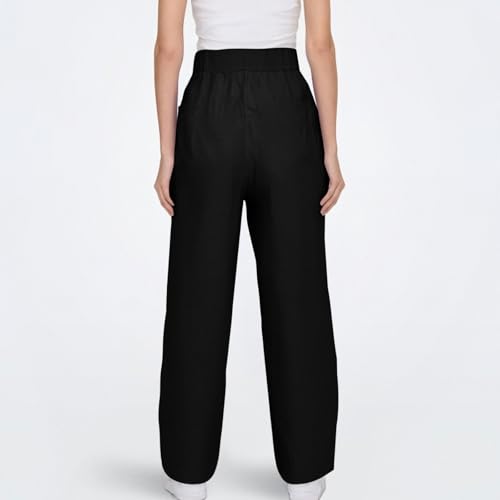 Linen Pants Women Summer High Elastic Waist Drawstring Palazzo Pants Straight Leg Slacks with Pockets4