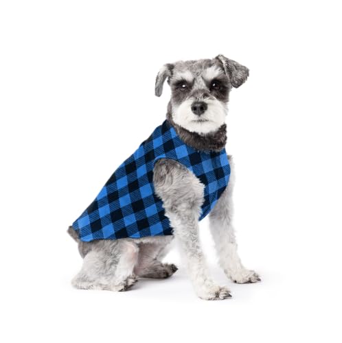 Image of Goldpaw Stretch Fleece Dog Sweater - with Spandex for 4-Way Stretch - Soft, Comfortable Dog Coat - Machine Washable - Made in the USA - Cobalt Buffalo Check - Size 10