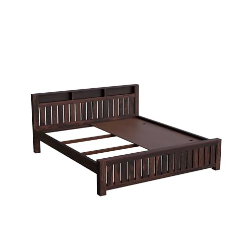Image of Solid Sheesham Wood Queen Size Bed Without Storage | Wooden Double Bed Cot Bed for Bedroom Furniture | Palang Double Bed for Hotels | Walnut