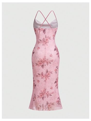 Image of SOLY HUX Women's Floral Mesh Bodycon Cami Dress Cowl Neck Sleeveless Cocktail Party Wedding Guest Long Maxi Dresses