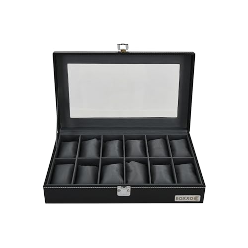 Image of BOXXO 12 Slot Watch Organizer Box for Men & Women - Premium PU Leather Watch Case, Soft Velvet Cushions & Glass Lid Display, Elegant Storage Box - 34x20x8 cm (Black & Black (Transparent), 12 Slots)
