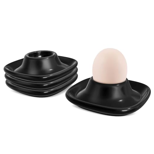 Flexzion Weich gekochte Eierhalter Set - 4 Stück Schwarz Keramik Eierbecher Stapelbar Eierkocher Becher mit Boden zum Servieren Frühstück Brunch Küchentisch Dekor Schwarz