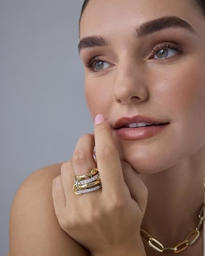 PAVOI 14K Gold Plated Mixed Metal Two Tone Stackable Ring for Women | Double Band Cubic Zirconia Interlocking Stackable Ring | Size 84