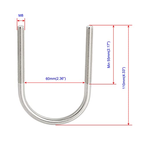 Image of Round U-Bolts 2.36 inch(60mm) Inner Width M8 Thread 304 Stainless Steel Silver with Plates Nuts Flat Washers for Car /RV /Trailer Bumper, 4Pcs