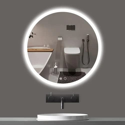 VENETIAN IMAGE Backlit Design Led Mirror with Defogger Wall Mounted Vanity Mirror Dimmable, Adjustable 3-Colors White/Warm/Natural Light, Wall Mount Mirror (60 CM Round)