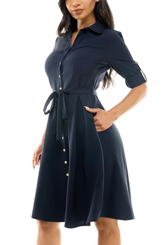 Image of Sharagano Women's Pleated Shirt Dress - 3 /4 Sleeve, V-Neck, Gold Buttons