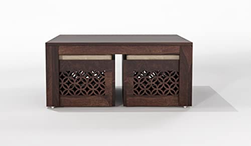 Image of Sheeshsam Wooden Coffee Table with 4 Stools for Living Room - Solid Wood Coffee Table with Cushion Seating Stools Tea Table Teapoy Center Piece for Home Sofa Center Table (Kaine Walnut)