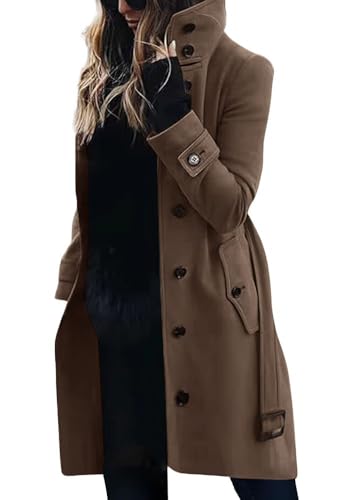 chouyatou Women's Single Breasted Stand Collar Wool Coat Business Casual Midi Long Winter Pea Coat