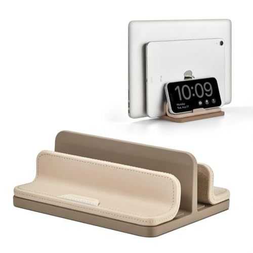 Dual Vertical Laptop Stand 3 in 1 Upright Desktop Stand Holder with Adjustable Dock (Up to 17.3) Leather Laptop Rack Storage Desk Organizer for Phone Tablet MacBook/HP/Dell/Chrome Book (Apricot)