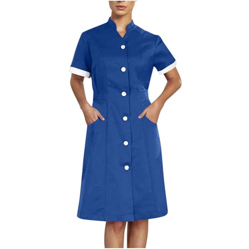 Women's Short Sleeve Work Dress Button Down Lapel Nurses Scrubs Dresses Workwear Knee Length Nursing Dress