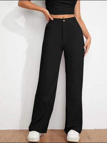 Image of Broadstar Women Black Wide Leg Loose Fit High-Rise Stretchable Formal Trousers