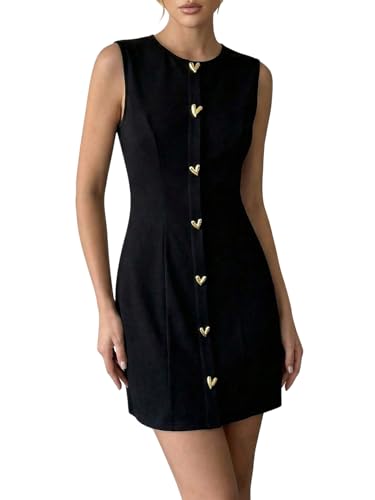 winkbay Womens Sleeveless Bodycon Mini Dress Summer Metal Heart Crew Neck Cocktail Party Club Dresses Black Small