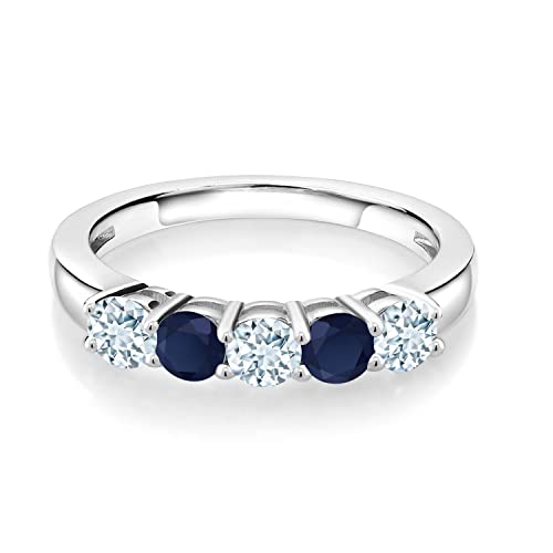 Gem Stone King 1.01 Cttw Sky Blue Aquamarine and Blue Sapphire Wedding Band Ring For Women | 925 Sterling Silver | Round 3.5MM | Gemstone Birthstone | Available In Size 5-93