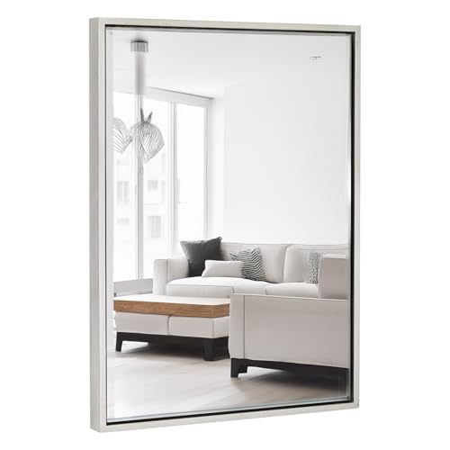 Hamilton Hills 30x40 inch Polished Silver Metal Framed Wall Mounted Mirror - Large Rectangular Bathroom Mirror - 1/2 inch Floating Frame Vanity Nickel Glass - Hangs Horizontal or Vertical