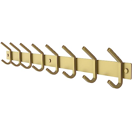 SAYONEYES Brushed Gold Wall Mounted Coat Rack – 24 Inch Stainless Steel Rail with 8 Double Coat Hooks for Entryway, Bathroom, Bedroom, Kitchen – Modern Gold Hook Rack for Coats, Hats, Towels