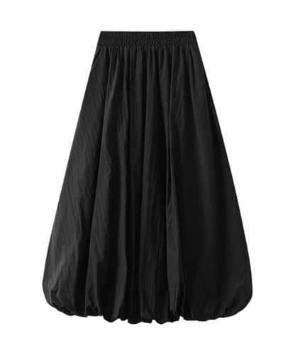 Femiserah Women's Elastic Waist A Line Midi Pompom Skirt Casual Lantern Skirt