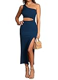 Pink Queen Women's Summer One Shoulder Sleeveless Cutout Ribbed Slit Bodycon Pencil Maxi Dresses Dark Blue XS