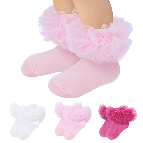 Zando Toddler Girls Ruffle Socks Baby Girls Frilly Lace Princess Dress Crew Socks Stretchy Seamless Fit 1-8 Years