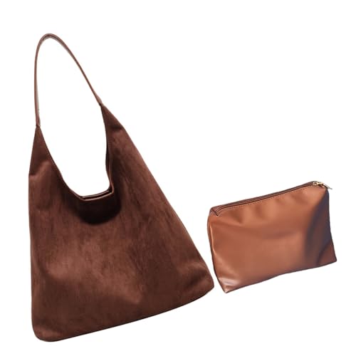 Grand sac à bandoulière souple Morain avec trousse maquillage café