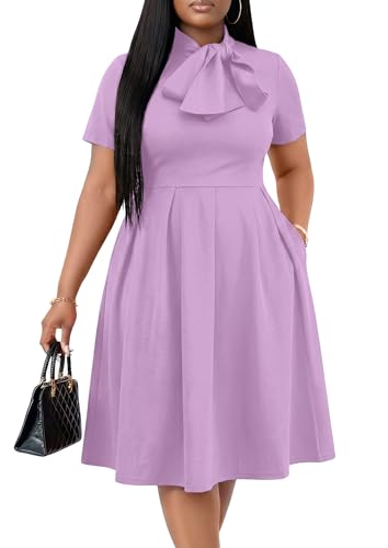 Image of FANDEE Midi Dress for Women Casual Short Sleeve A-line Semi Formal Fit and Flare Dress Classy Tie Neck Work Business Dresses