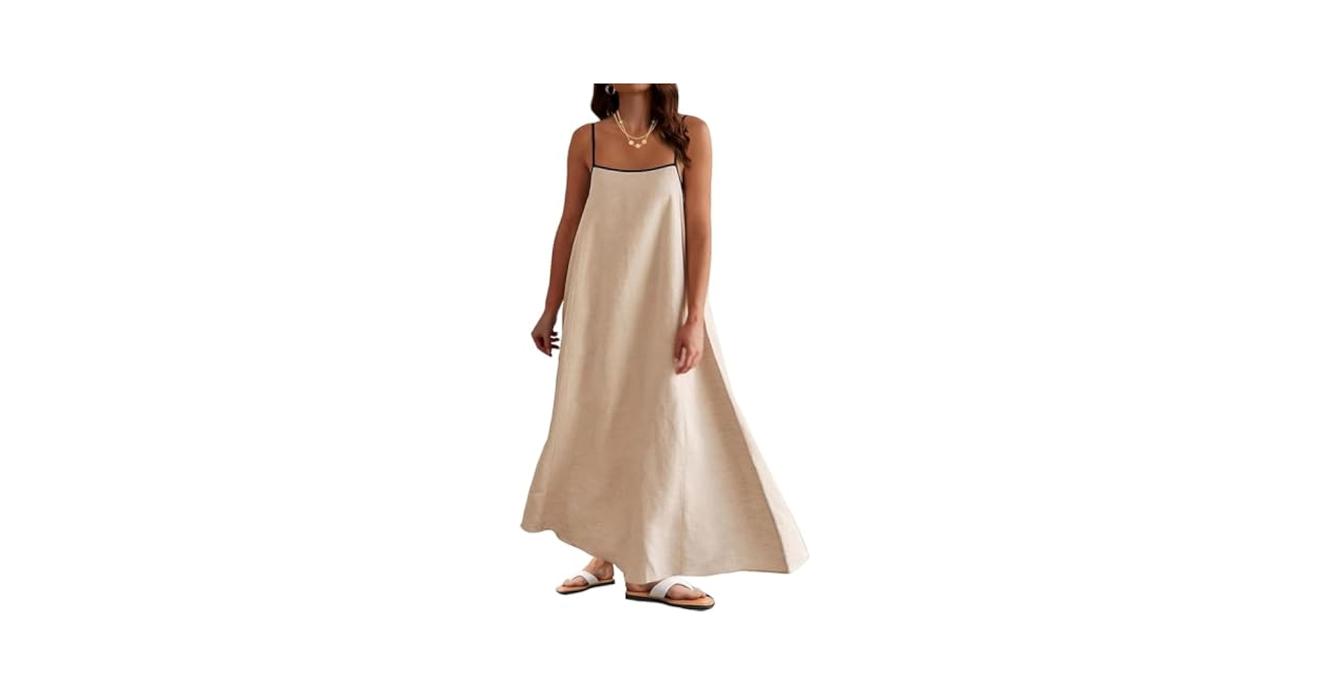 hengyinxing Womens Linen Maxi Dress Contrast Trim Spaghetti