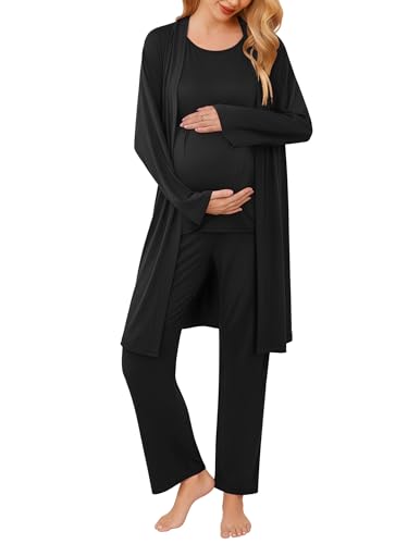 Ekouaer - Ekouaer Maternity Nursing Robe Set 3 Pieces Sleeveless Top, Pregnancy Pants & Robe Double Layer Pajamas Black S
