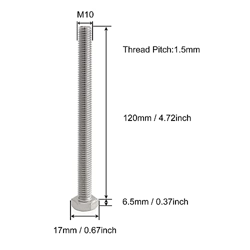 VictorsHome M10 Hex Bolts Screws, M10-1.5 x 120mm 304 Stainless Steel Fully Threaded Hex Head Bolt 5pcs, M10x120mm - Image 2