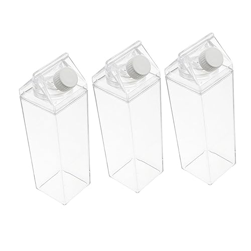 OFFIGAM 3個 透明屋形牛乳パックボトル 漏れ防止スクリュー蓋付き再利用可能透明水容器 家用ジュース牛乳カップ