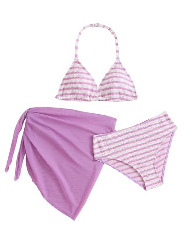 Image of SEGT Girl's 3 Piece Striped Bikini Swimwear Cute Swimsuits Bathing Suit High Waisted with Cover Up Beach Skirt