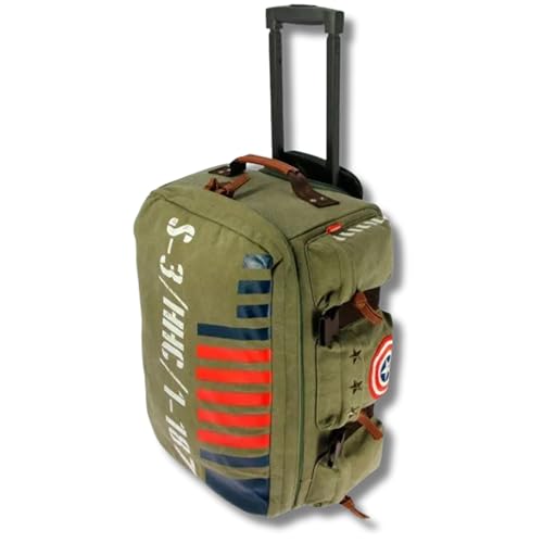 Vintage Army-Inspired Captain America 19-Inch Canvas Carry-On Cabin Bag– Olive Green Soft Cabin Luggage with Wheels, Telescopic Handle & Side Pockets– Lightweight Travel Gift