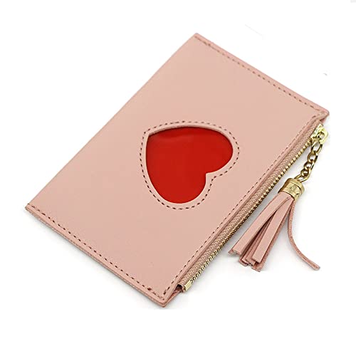 Pu Leather Credit Card Holder Clutch Wallets for Women Cute Heart Girl Wallet (Pink)